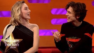 Saoirse Ronan amp Timothée Chalamet Joke About Pronouncing Timothée Chalamet [upl. by Enitselec]