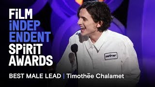 TIMOTHÉE CHALAMET wins Best Male Lead at the 2018 Film Independent Spirit Awards [upl. by Selinski]