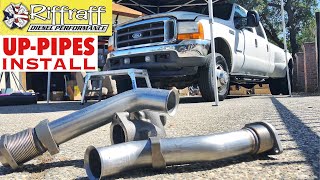 2001 F350 73  RiffRaff UpPipes Install  Stock up pipes leaking and falling apart JUNK SP [upl. by Ahsiki]